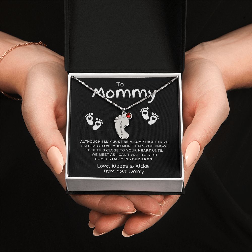 Gift For Mommy | Custom Baby Feet Necklace w/Birthstone | Expecting Mom | Personalized | From, Your Tummy