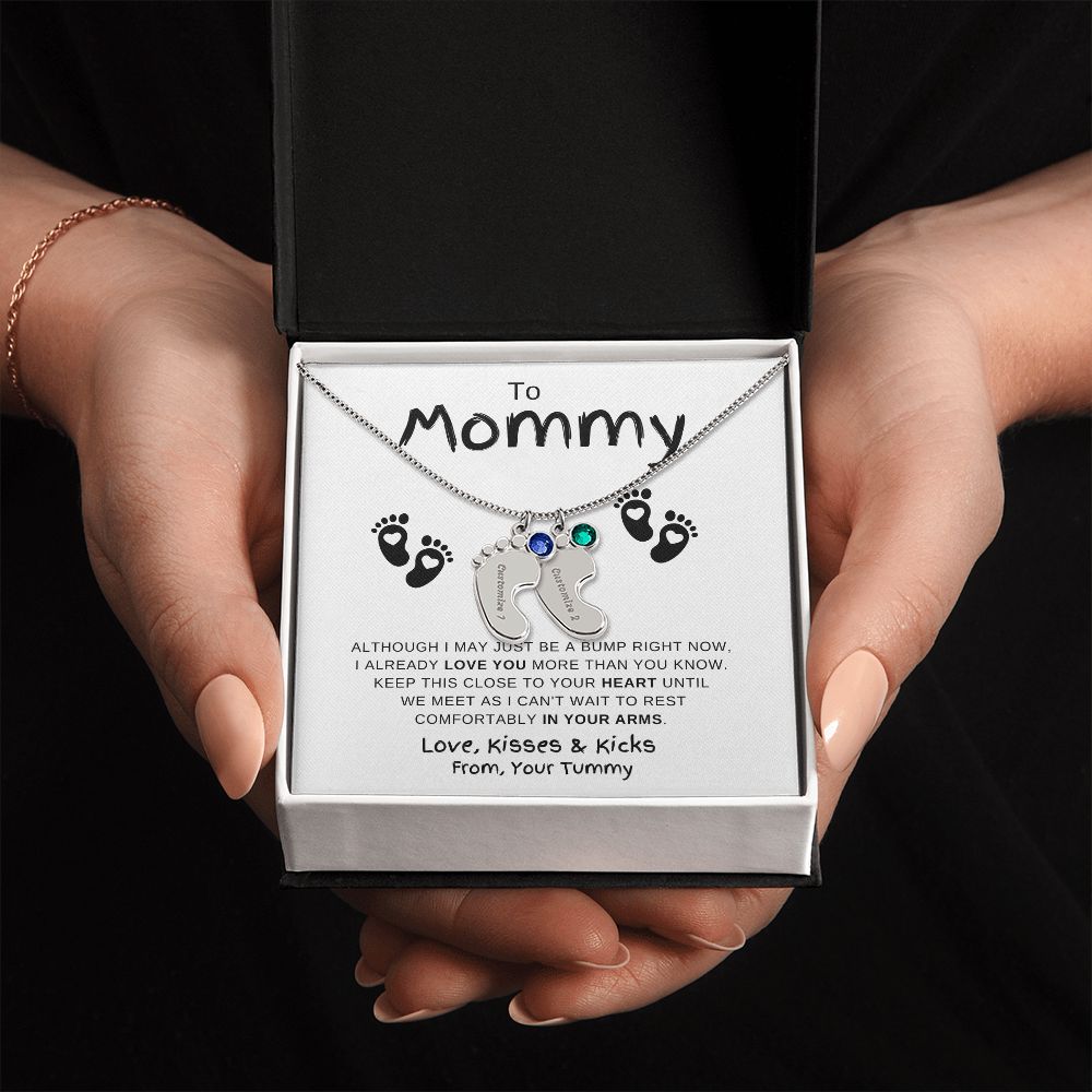 Gift For Mommy | Custom Baby Feet Necklace w/Birthstone | Expecting Mom | Personalized | From, Your Tummy