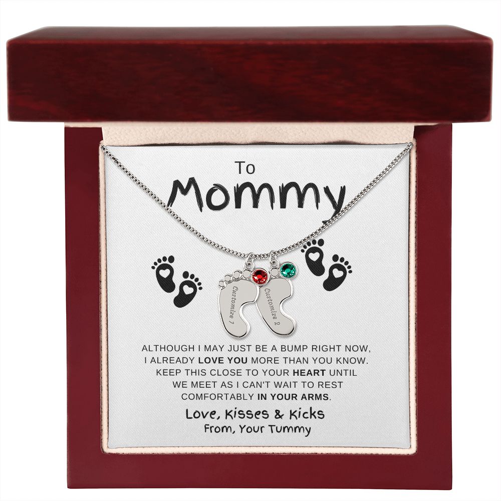 Gift For Mommy | Custom Baby Feet Necklace w/Birthstone | Expecting Mom | Personalized | From, Your Tummy