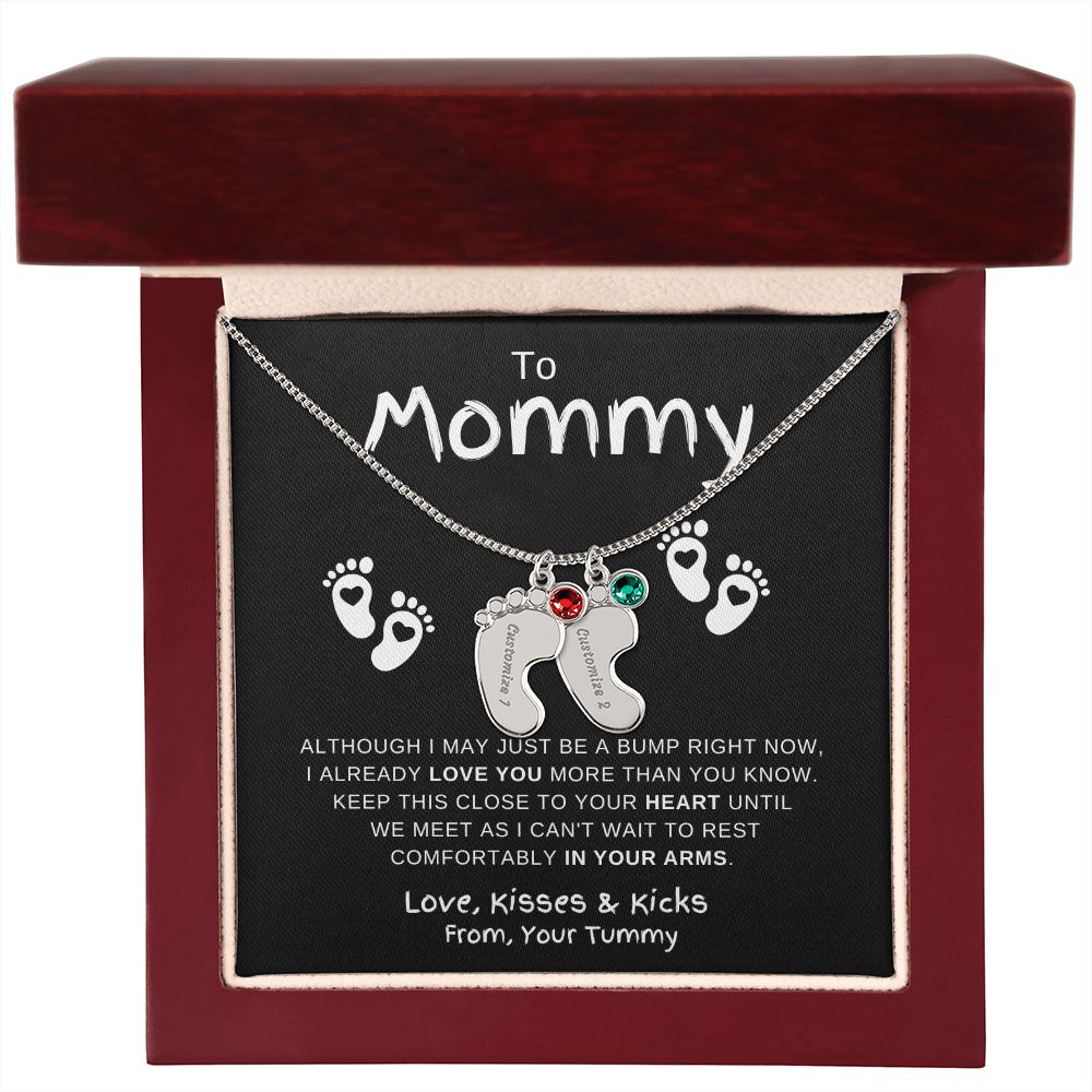 Gift For Mommy | Custom Baby Feet Necklace w/Birthstone | Expecting Mom | Personalized | From, Your Tummy