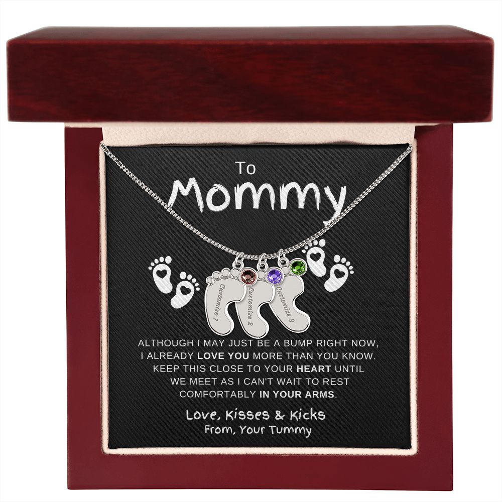 Gift For Mommy | Custom Baby Feet Necklace w/Birthstone | Expecting Mom | Personalized | From, Your Tummy