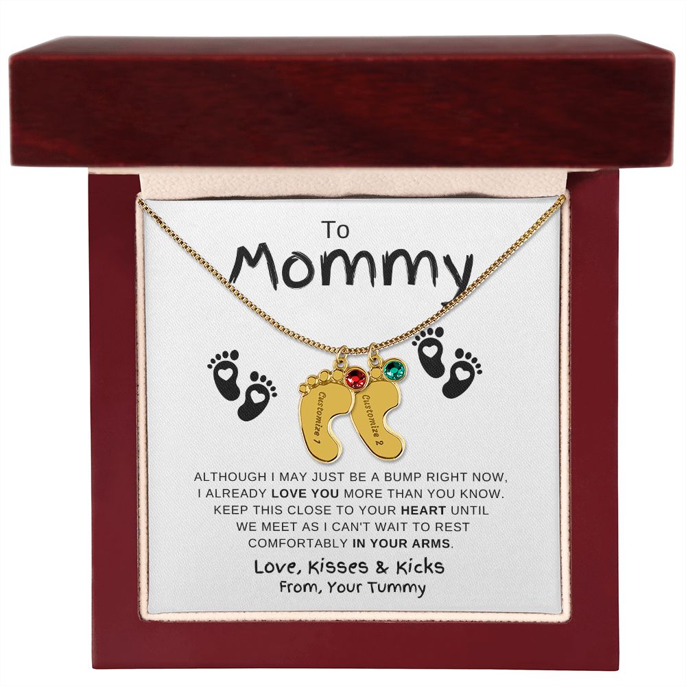 Gift For Mommy | Custom Baby Feet Necklace w/Birthstone | Expecting Mom | Personalized | From, Your Tummy